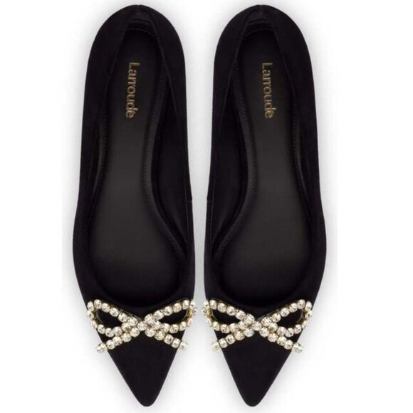 Larroude Shoes - Larroude Lee Black Velvet Crystal Bow Embellished Pointed Toe Flat Women's 8.5